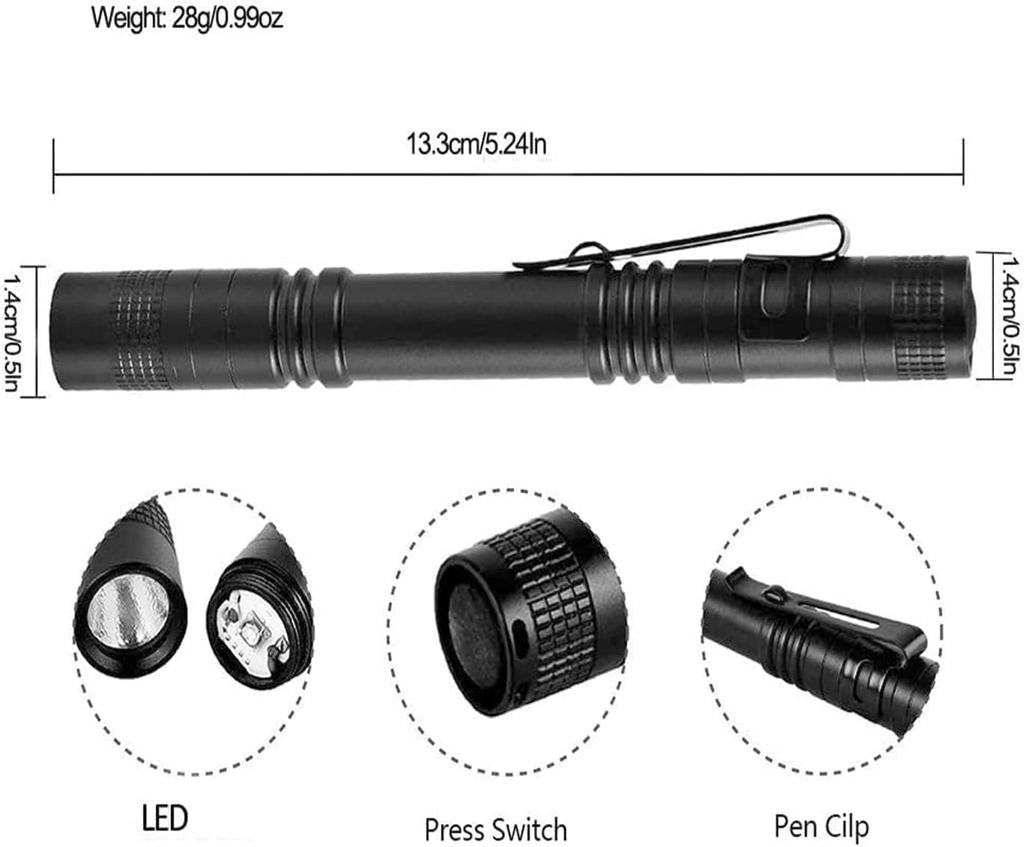 MODOAO Portable Flashlight with Metal 200 Lumens Penlight Tactical Torch with 2 AAA Batteries Pocket Portable Emergency Light Clip, Flashlight, Clip,
