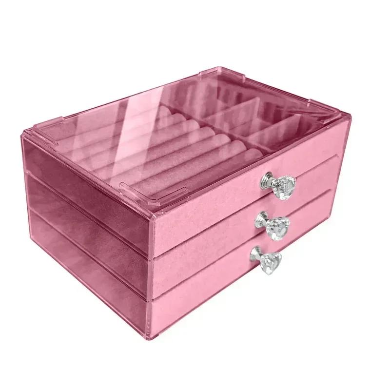 Three-drawer large capacity velvet earrings bracelet ring jewelry organizer dust oxidation jewelry box desktop models