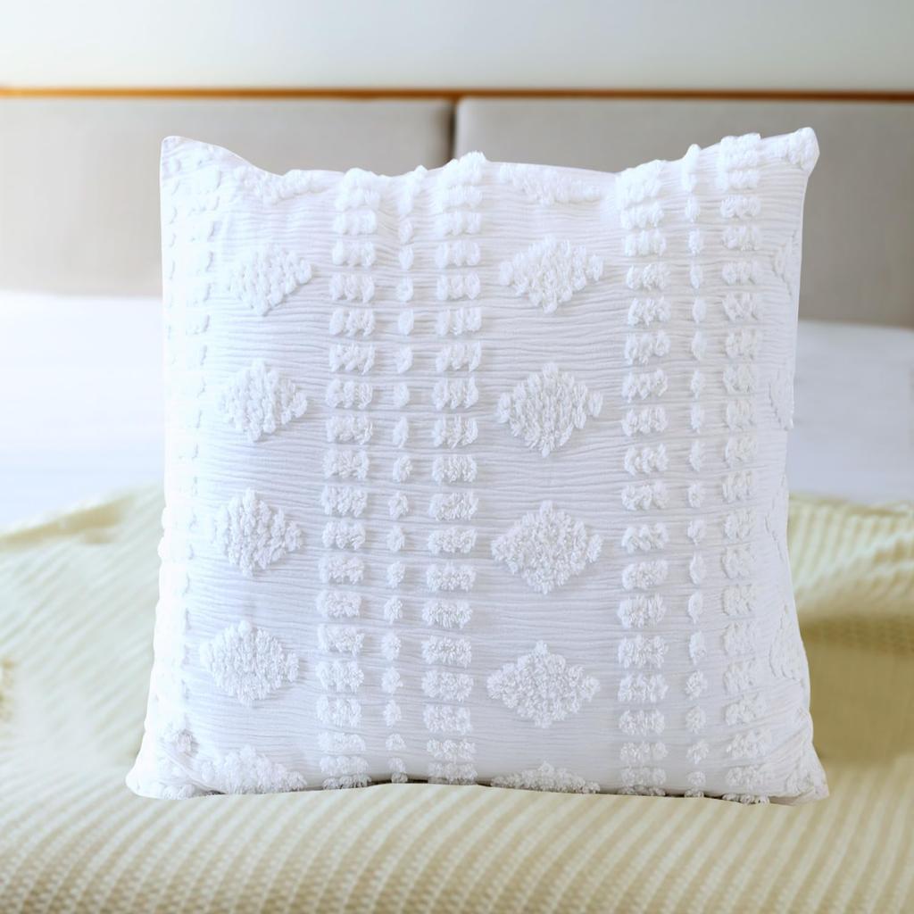 White Euro Sham Covers Shabby Chic Boho Tufted 26x26 Set of 2 Euro Pillow Covers Poms Diamonds Moroccan Embroidery Decorative European Large Pillow