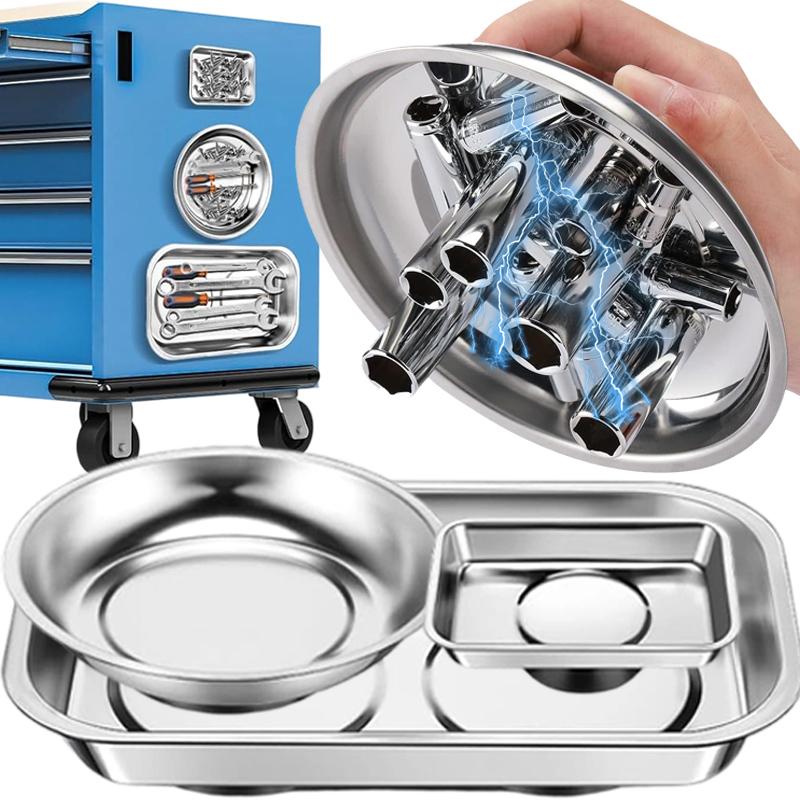 Square Round Magnetic Trays Holder Stainless Steel Magnetic Parts Storage Bowl Bolts Screw Tray Metal Tool Organizer Plate