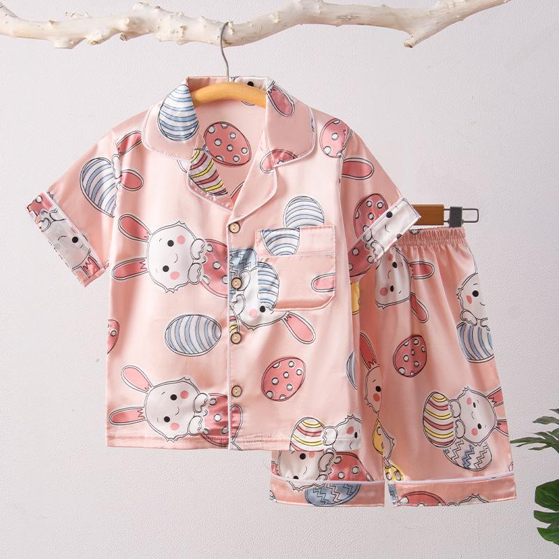 Kids' Cartoon Ice Silk Short Sleeve Pajama Set for Spring and Summer