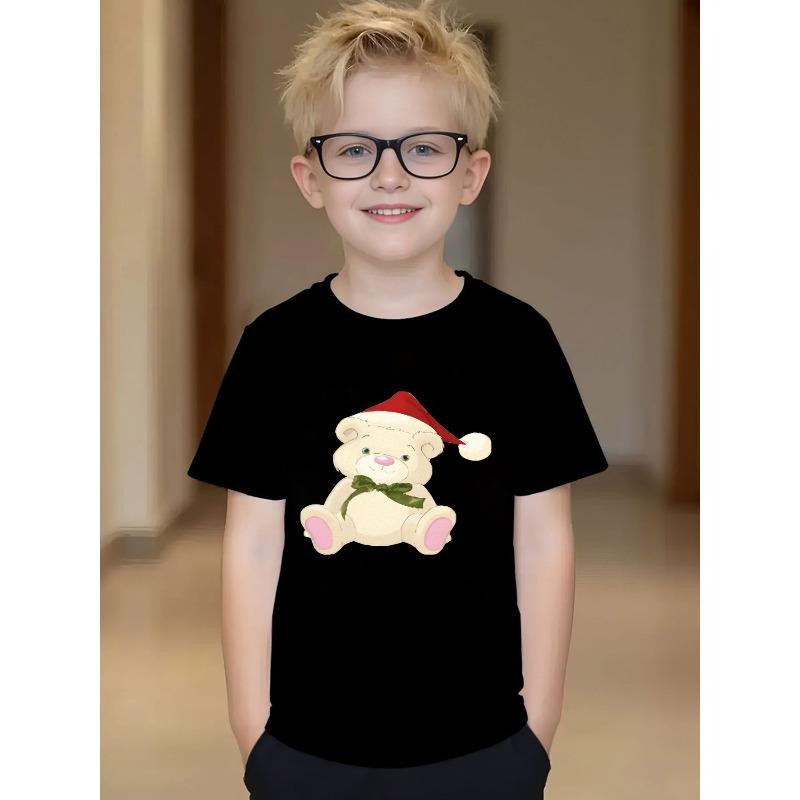 European sizes   Cute Bear Christmas T-Shirt - Short Sleeve Round Neck Casual Summer & Holiday Outfit with Bear Cub Print 98cm чёрный