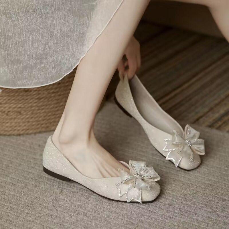 Fashion Square Toe Wedding Bride Shoe Rhinestone With Bow Woman Flats 2025 Trend Low Price Y2k Quick Delivery 39 Slip-on Shoes for Women