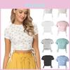 Sommer Ärmel T-Shirt Damen Kurz Kordelzug Bauchnabel Rundhals Freizeit Oberteil