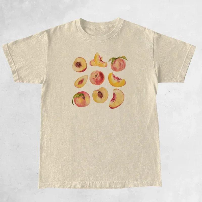 Vintage Peaches Printed Graphic Tees Cute Cottagecore Aesthetic TShirts Women Short Sleeve Female Retro Grunge Tops Clothes
