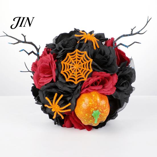 Faux Flower Bouquet Gothic Style Wedding Bouquets for Bride And Bridesmaid, Artificial Halloween Bouquet, Cobweb Arrangement Black Rose Blooms