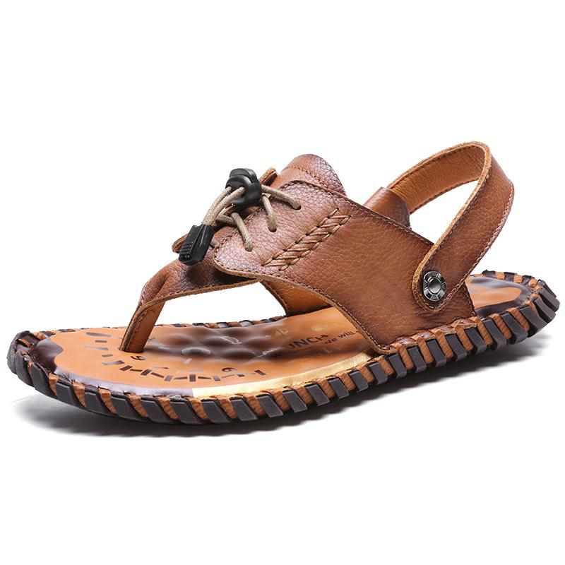 

Summer sandals toe lace-up leather surface handmade large size two wear cool slippers 48 хакі
