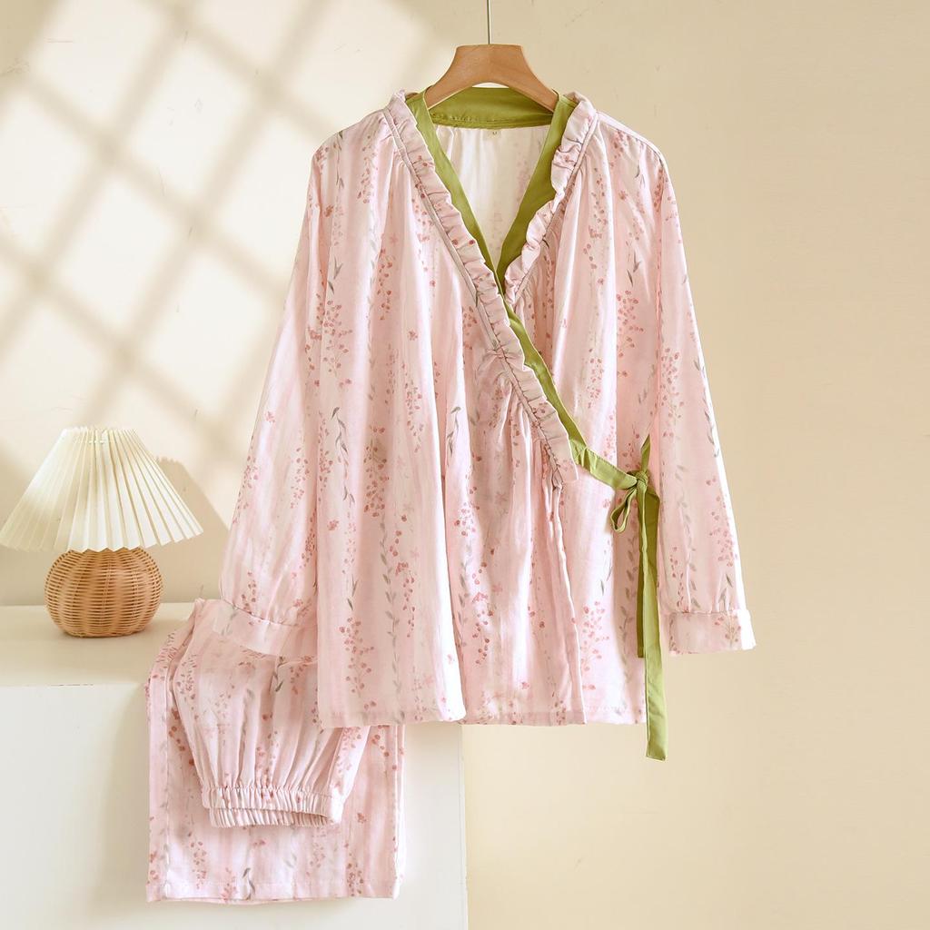Damen Kimono Pyjama Set aus reiner Baumwolle – Langarm & Hose für Frühling/Herbst, für drinnen/draußen