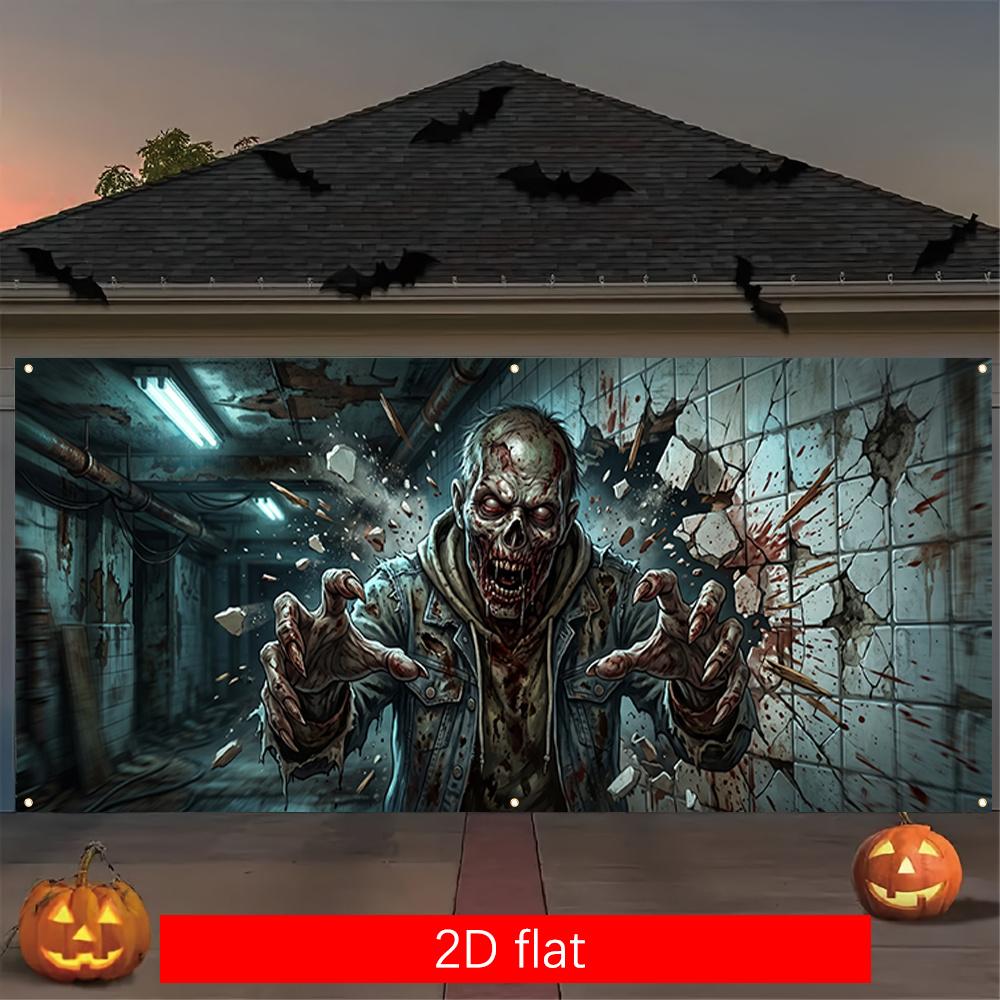 2D Flat Banner 1PC Large Garage Banner - Polyester Material - Halloween Wall-breaking Zombie Corridor Scene