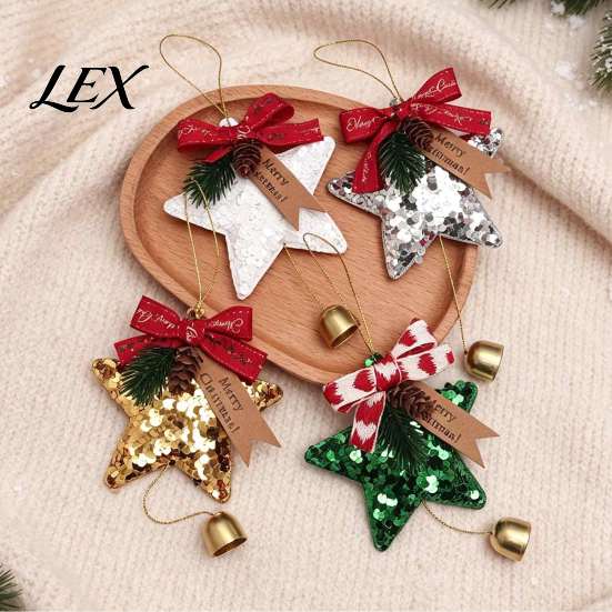 Decorative Star for Home Glitter Bell Ornaments, Sequin Hanging Decoration with Bow Pine Reusable Holiday Ornaments Cone, Sparkly Christmas