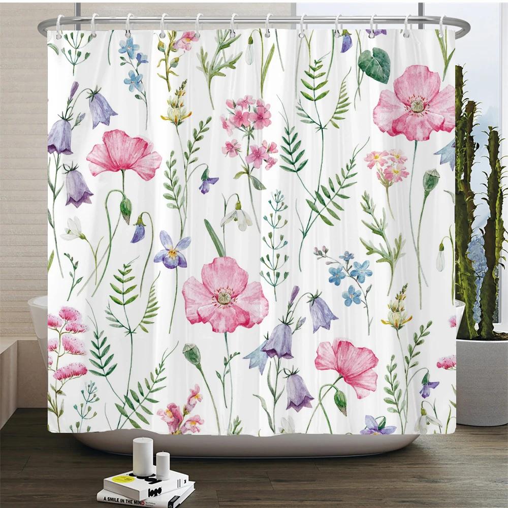 Elegant Flowers Shower Curtain 180x180cm Floral Printed Shower Curtain Polyester Bath Curtain Bathroom Decor Washable With Hooks