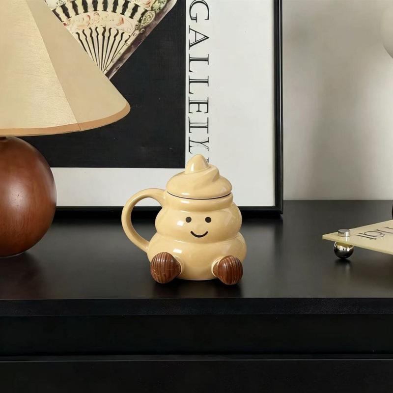 Creative Cute Short Leg Mug with Lid Ceramic Cup Birthday Gift Office Drinking Water Pier Pier Cup Couple Model