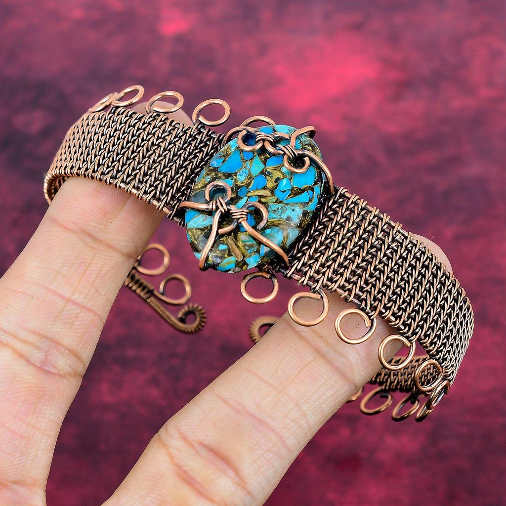 Copper Chrysocolla Gemstone Cuff Bracelet Copper Wire Wrapped Adjustable Bangle