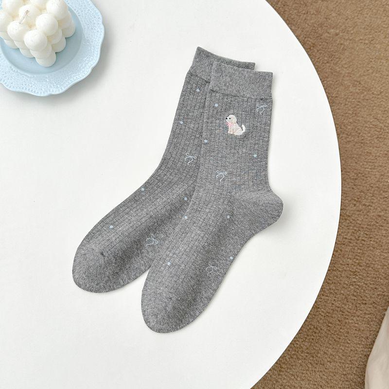 Zhuji Women's Cute Cartoon Embroidered Mid-Calf Cotton Socks, Preppy Style