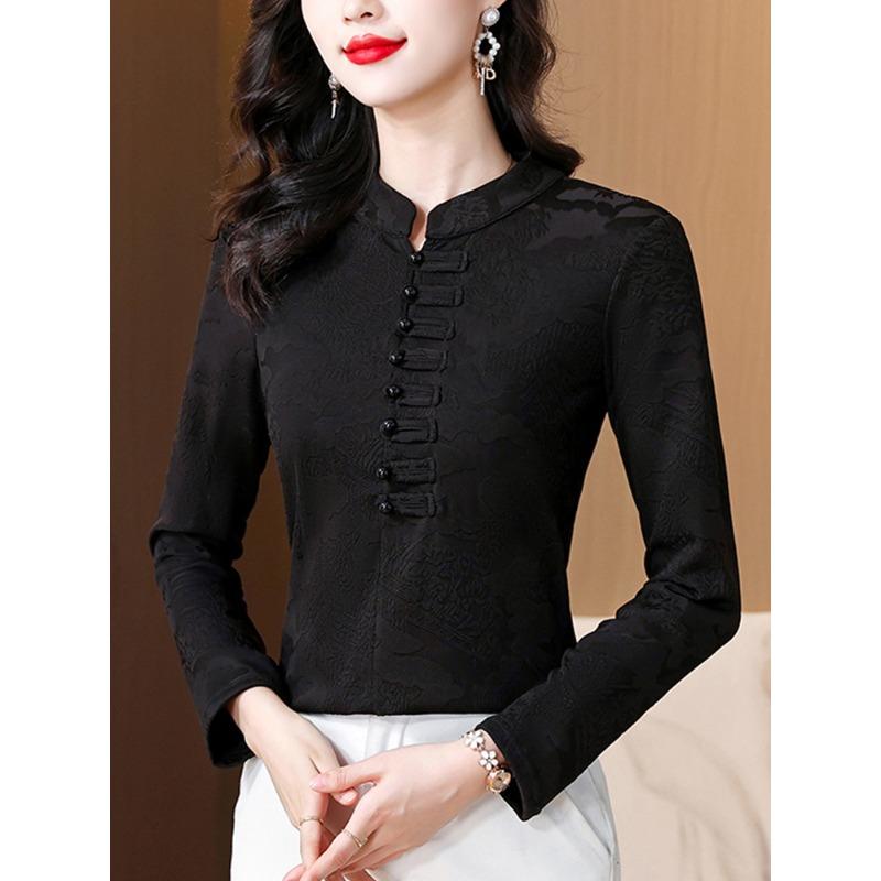 New Chinese Style Stand-up Collar Button Bottoming Button-down for Women In Winter Tops New Style Mother Plus Velvet Warm Blouse