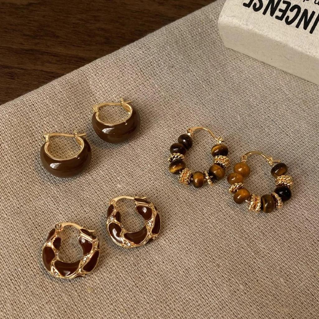 Vintage Braune Emaille Zirkon Creolen für Damen Exquisites Edelstahl Perlen Hochzeits Braut Schmuck Accessoire