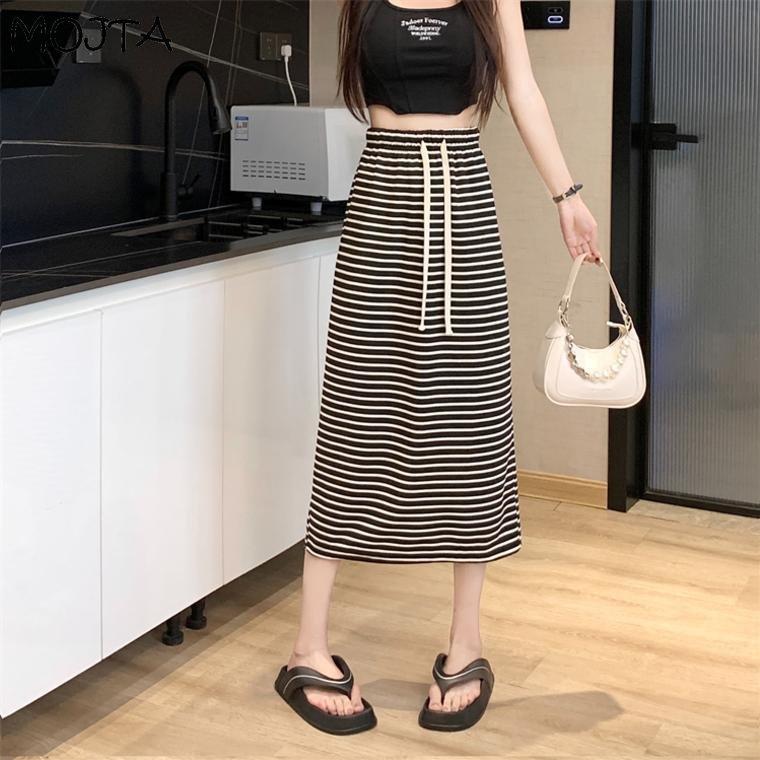 MOJTA Gonna Estiva da Donna a Vita Alta Media Lunghezza A-line Elastica a Righe Coulisse Casual con Spacco
