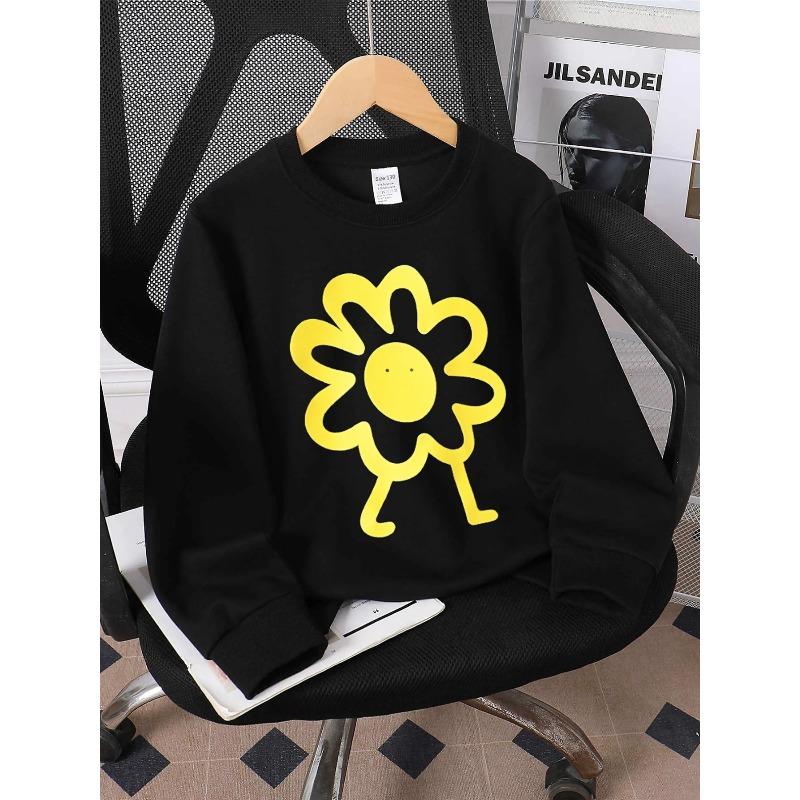 European Sizes Kids' Crewneck Sweatshirt - Yellow Flower with Face And Legs , Sportswear And Casual Wear, Soft And Comfortable, Children's Clothing