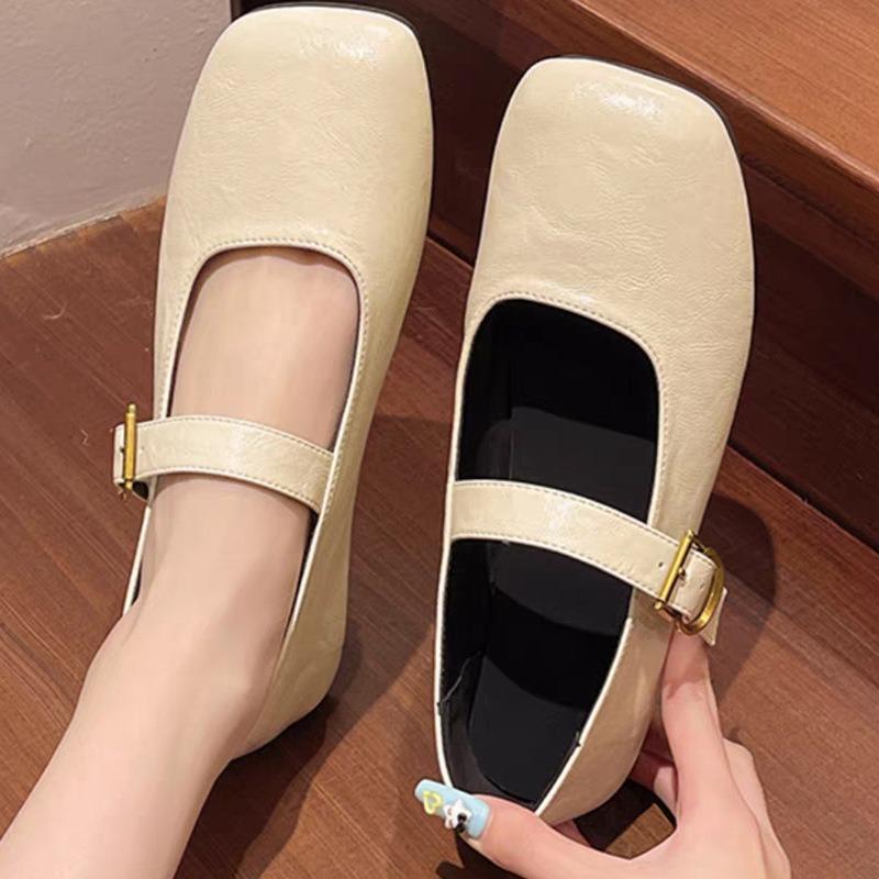 Square Head Mary Jane Shoes Women's Spring New Retro Square Head One-word Buckle Single Shoes Small Leather Shoes