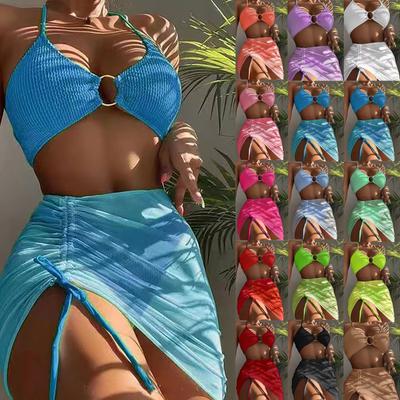 Women's Fashion Split Slim Solid Color Hanging Neck Three Sets Of Bikini Beach Dress Set (3 Sets With Chest Pads Without Steel Bra)