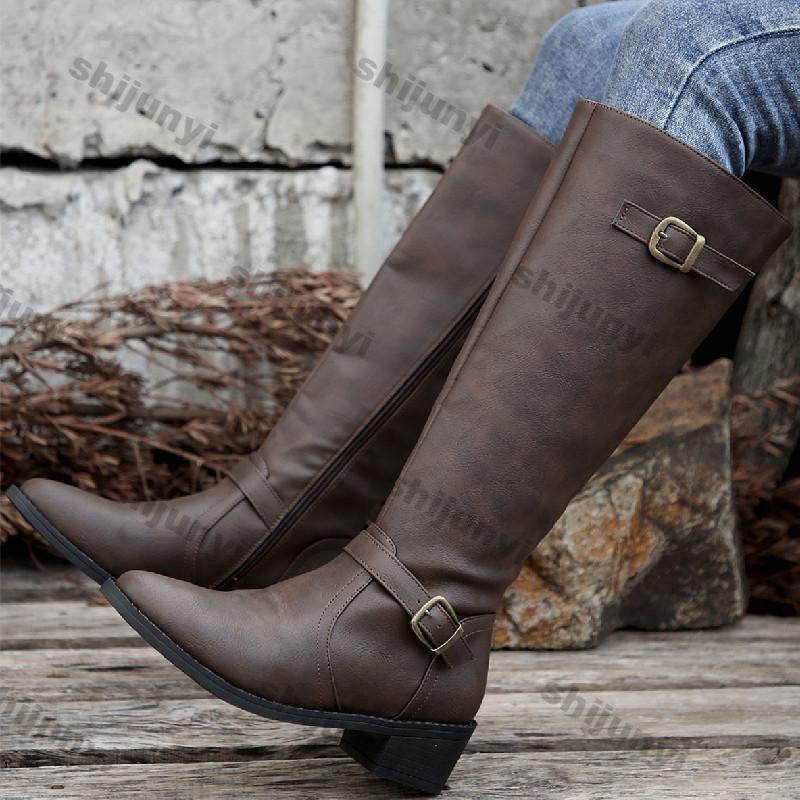 Modes Sieviešu Biezu Papēžu Gari Zābaki Rudens Ziemas PU Ādas Vidēja Garuma Zābaki Sieviešu Modes Sprādzes Siksna Sānu Rāvējslēdzējs Motociklu Zābaki