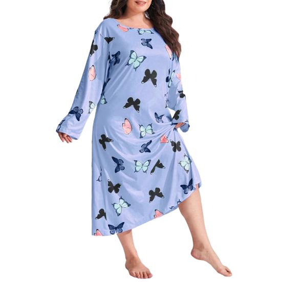 

Women s Nightdress Butterfly Printing Round Neck Nightgown Loose Home Lounging Outfit Long Sleeves Calf Length Sleepwear Clothes Sale XXXXXL небо синє кольору