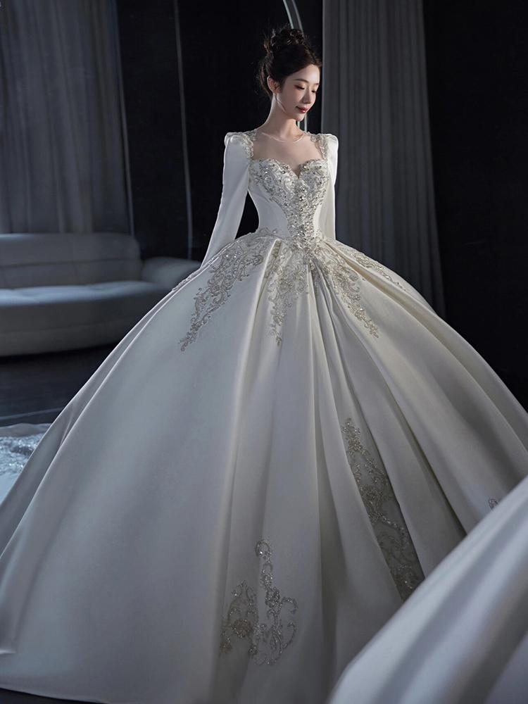 Elegant Long Sleeve Satin Wedding Dress for plus Size Pregnant Women Outgoing Vintage Slimming Winter Wear Korean Style