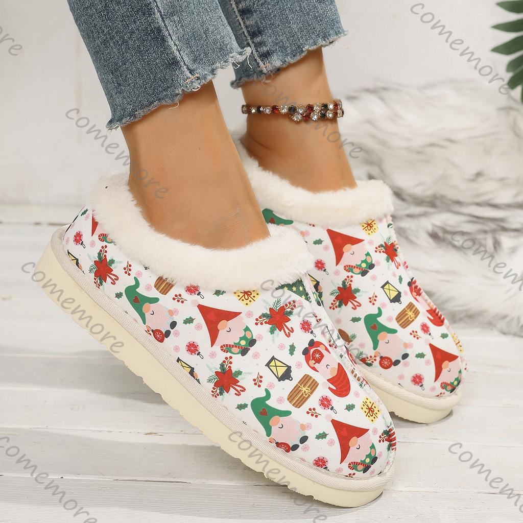 Comemore Large Size Cotton Shoes Winter New Padded Thickening Slip On Boots Casual Flat Bottom Printing Round Head Women's Shoes