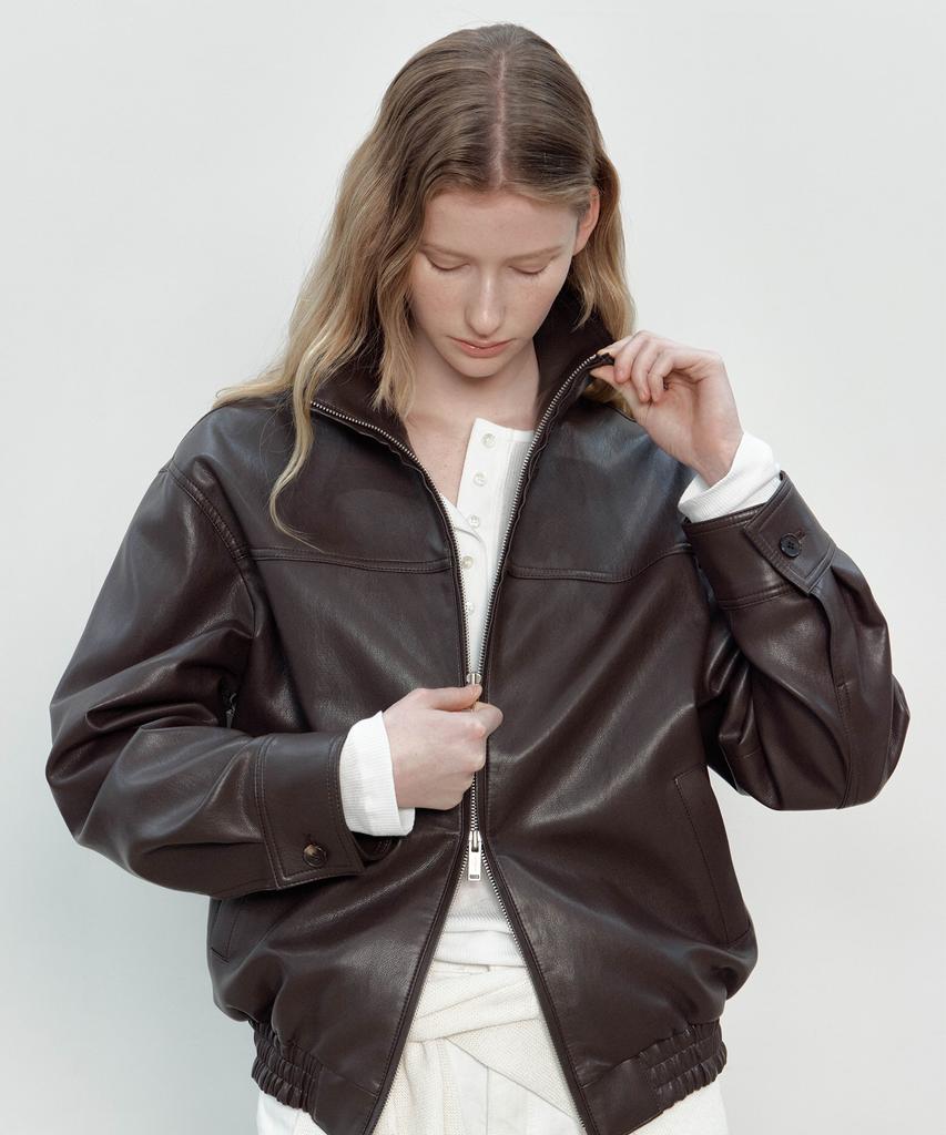 Themargot Semi Oversized Leather Jacket (Brown)
