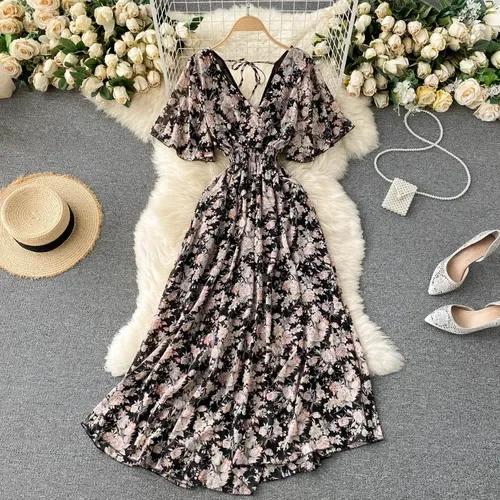 Ladies Beach Vacation Dress Summer Sexy V-Neck Waist Long Chiffon Floral Beach Dresses