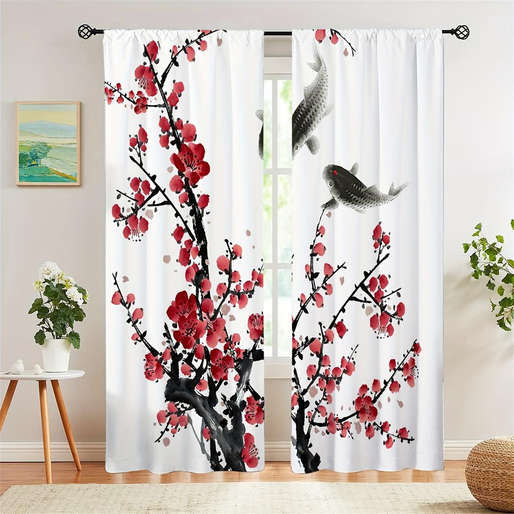2pc Chinese Ink Painting Red Flower Printed Curtain For Bedroom Office Kitchen Living Room Rod Pocket Window Treatment For Home