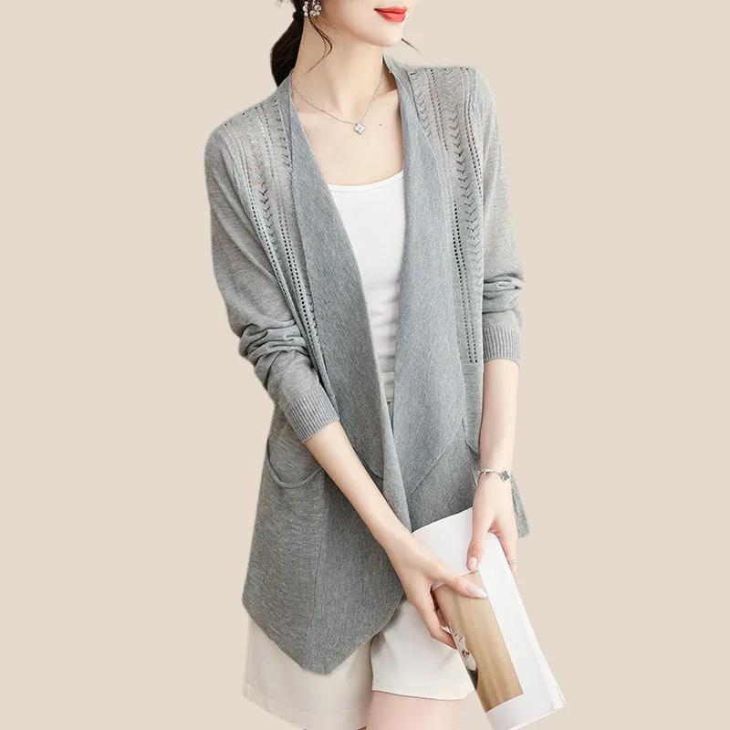 Elegant Women Long Knit Cardigan Open Front Loose Fit Casual Wear Spring Summer Fashion V Neck Solid Color with Pockets