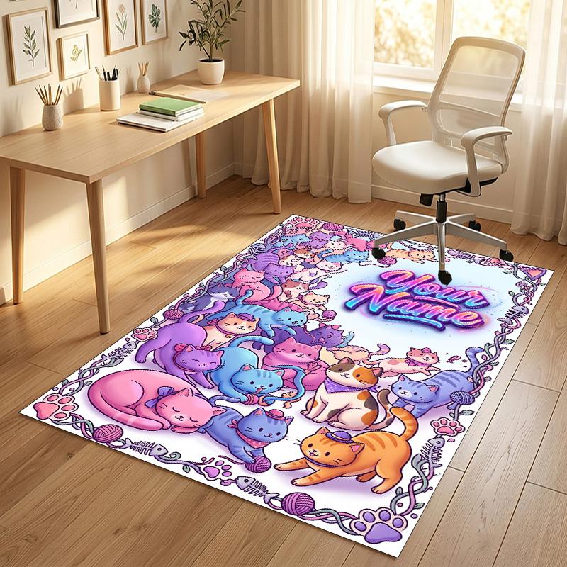 Cat Theme Crystal Velvet Rug Personalized Custom Name Text Soft Floor Mat Home Decor