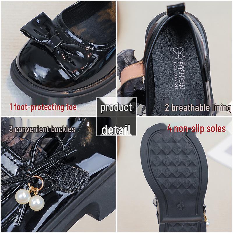 Girls' Pearl Lace Leather Mary Janes - Non-slip Soft Sole Princess Shoes for Spring/Autumn
