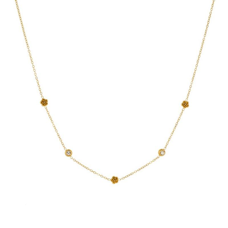 Gold Plated Rose Flower CZ Necklace, Dainty Link Chain with 3D Rose & Clear Zircon Pendants, Minimalist Floral Jewelry for Women Gift