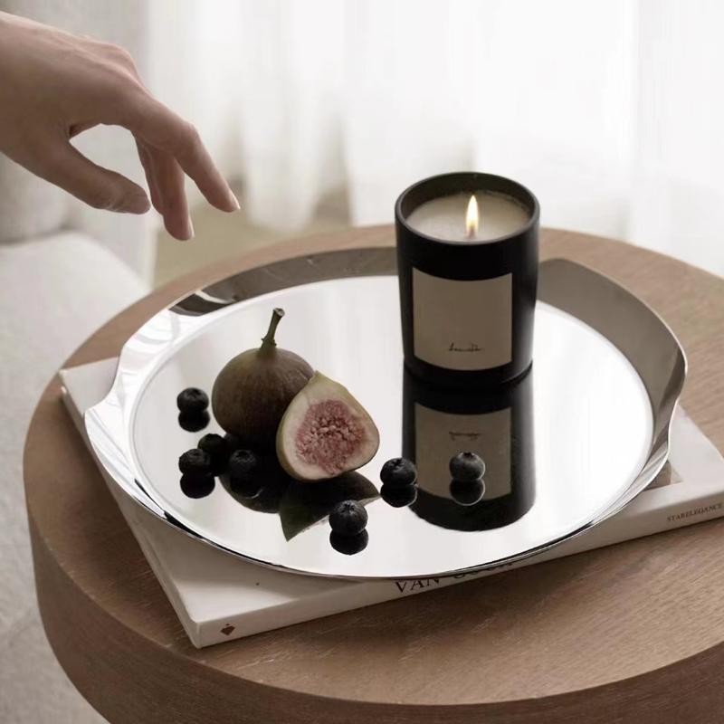 Nordic Light Luxury Round Stainless Steel Tray Fruit Dish Coffee Tea Wine Set Storage Tray Serving Plate Living Room Organizer