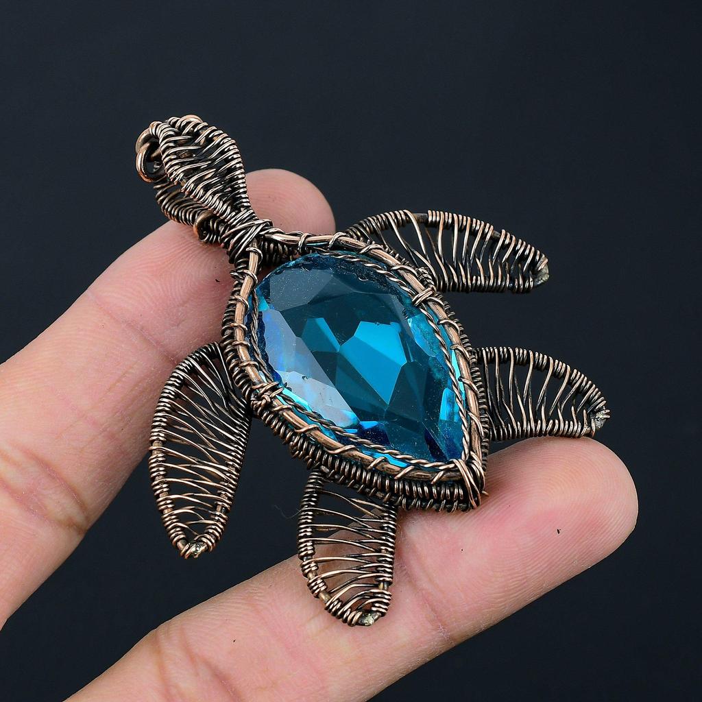 Dazzling Blue Topaz Gemstone Handmade Copper Wire Wrap Jewelry Amazing Turtle Shape Pendant