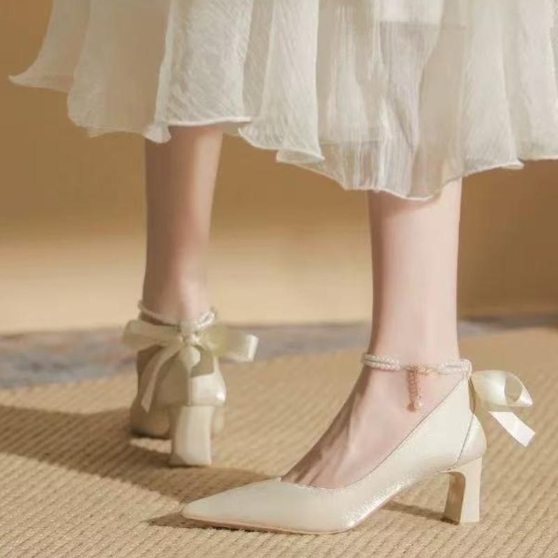 Woman Footwear Beige Pearl Wedding Bride Shoe High Heels Pointed Toe Block Heel Shoes for Women Non Slip Fashion High Heels