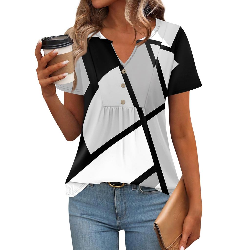Women's Short Sleeve Tops Summer V-Neck T Shirts Casual Pleated Blouse Loose Print Basic Tee