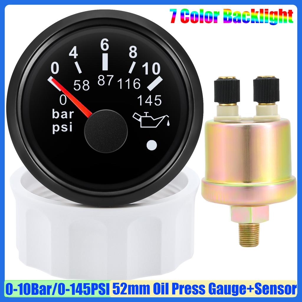 7 Color Light Pointer 52mm Oil Pressure Gauge with Sensor Alarm 0-5Bar,0-10Bar Oil Press Meter Indicator for Car Boat Yacht