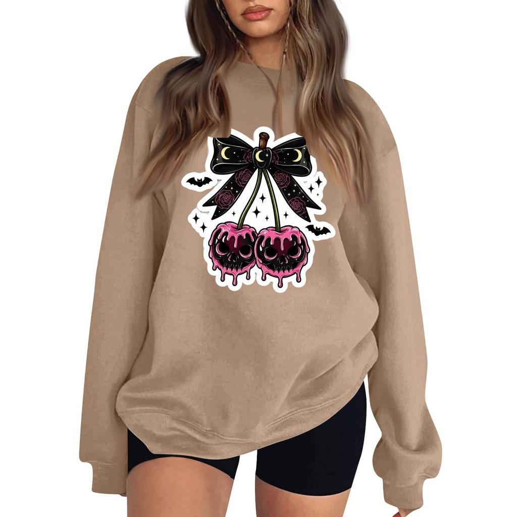 Women's Neck Long Sleeve Casual Loose Fit Sweatshirt Pullover with Color or Small Halloween Print