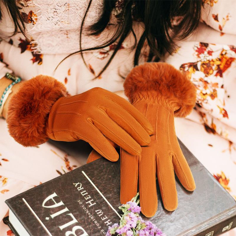 Deerskin Warm Gloves for Women In Autumn and Winter Korean Style Plus Velvet Touch Screen Gloves for Riding and Driving Non Slip Leather Gloves