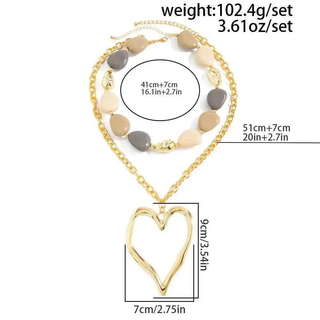 SHIXIN 2Pcs/Set Bohemia Exaggerated Big Love Heart Pendant Necklace Set for Women Vintage Irregular Beading Necklace Y2K Jewelry