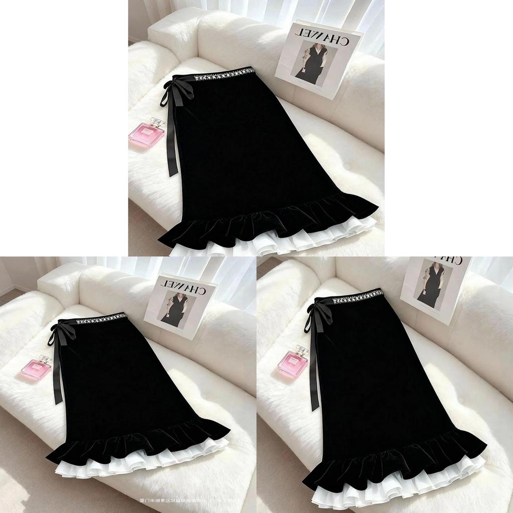 Cotton Blend Velvet Midi Skirt With Lace Trim For Elegant Ladies Spring Autumn Wear