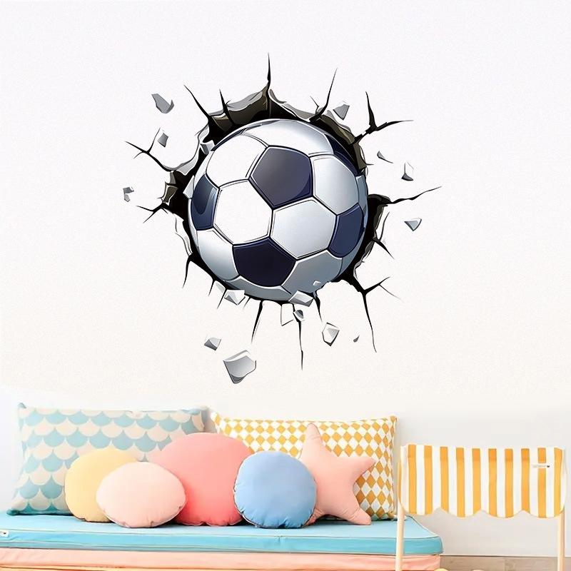 3D Breaking Through Wall Crack Soccer Football PVC Wall Sticker Self-Adhesive Removable for Kids Room Living Room Bedroom Sports Home Decor Art