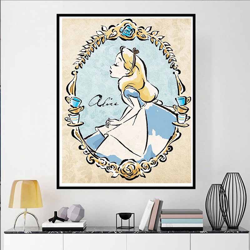 Disney Diamond Painting Alice in Wonderland Retro Illustration, 5D Diamond Painting Art Embroidery Cross Stitch Room Decoration