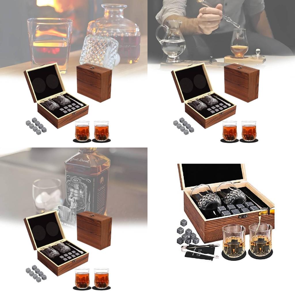 Luxurious Brown Granite Whisky Glasses Set With Whiskey Stones And Wooden Box