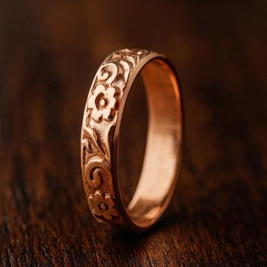 Pure Copper Floral Engraved Ring, Vintage Style Classic Copper Band, Everyday Jewelry for Women & Men