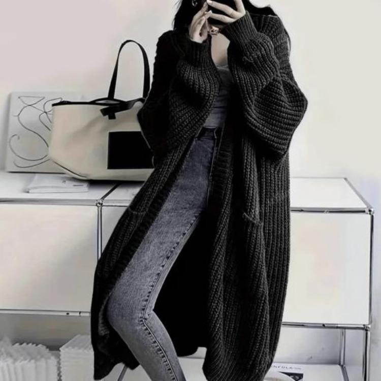 Fall Winter Outwear Women Long Cardigan Sweater Coat Open Front Mid Length Knitting Coat with Pockets