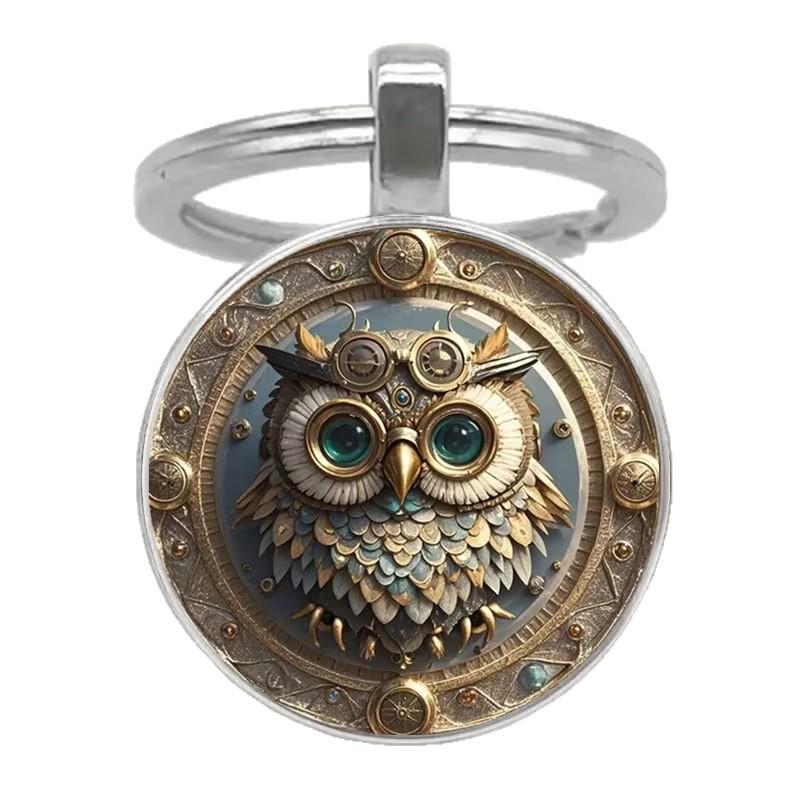 Owl Exquisite Mechanical Design Green Eye Gilt Decorative Keychain